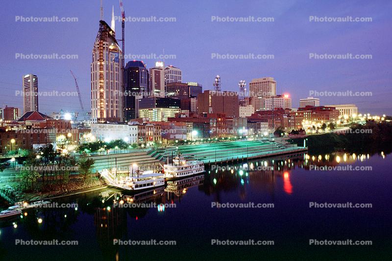 Cumberland River, Dawn, Nashville Skyline, Buildings, river boat, riverboat, 24 October 1993