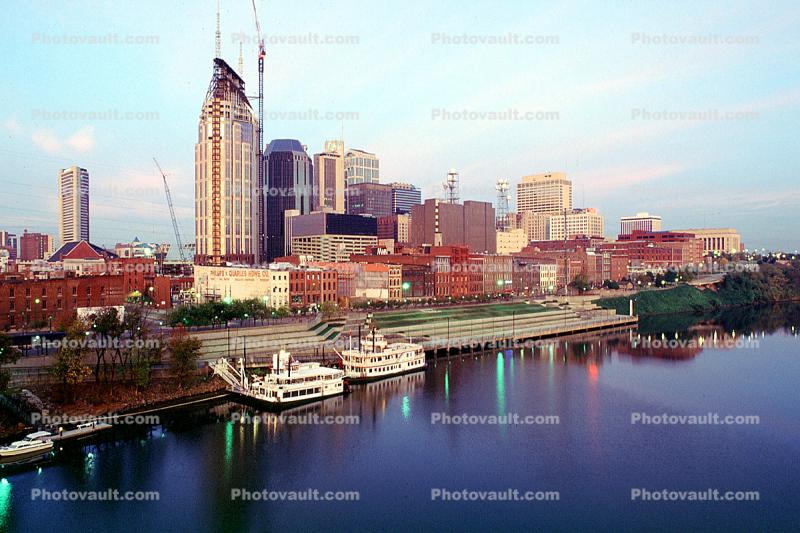 Cumberland River, cityscape, skyline, building, Twilight, Dusk, Dawn, river boat, riverboat, night, Nightime, Exterior, Outdoors, Outside, Nighttime, 24 October 1993