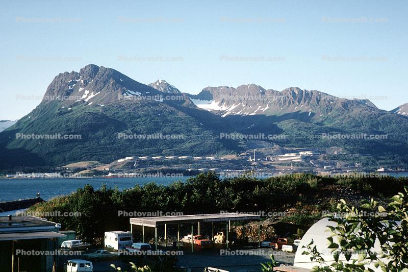 Valdez Marine Oil Terminal, mountains, Oil Tanks