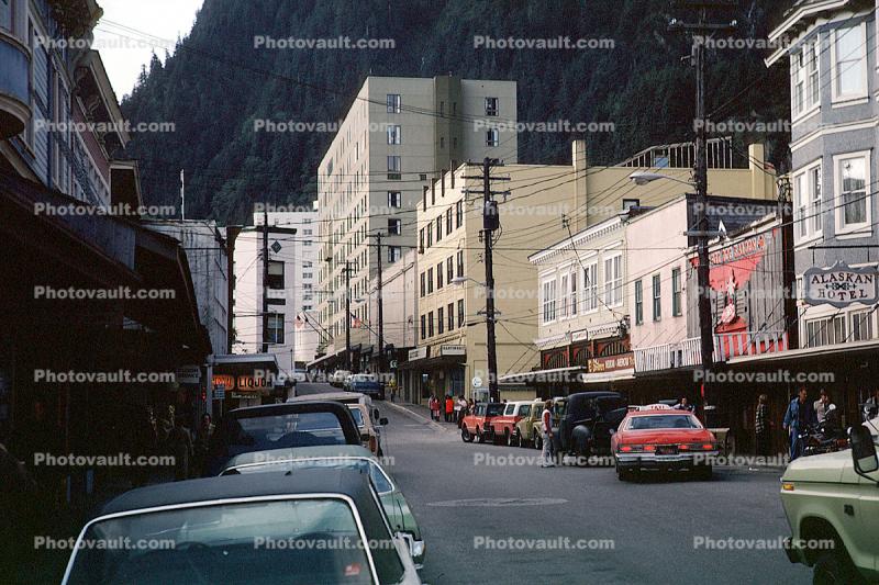 Alaskan Hotel, cars, shops, Street, vehicles, automobiles, Juneu, 1960s