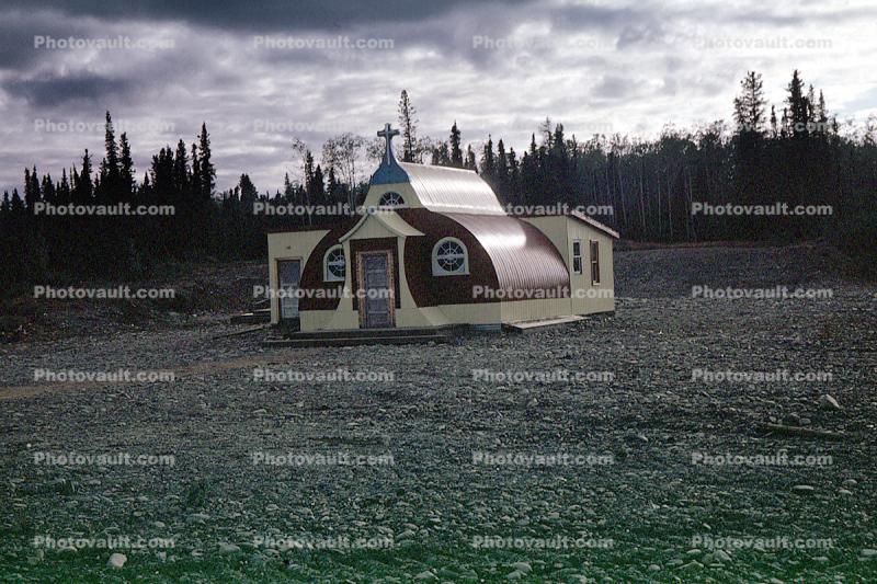 Our Lady of Grace Catholic building, curved roof, cross, Mission Beaver Creek Yukon, quonset hut, 1950s