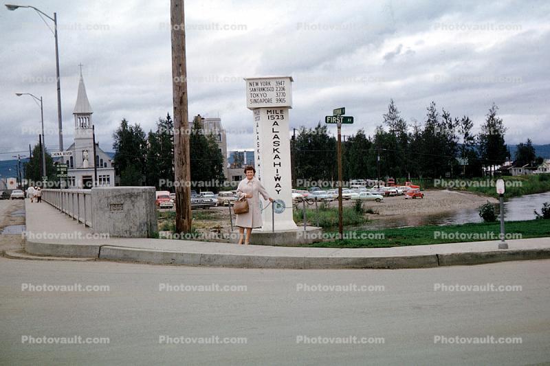 Mile 1523 Alaska Highway, Chena River, Immaculate Conception steeple, Fairbanks, 1950s