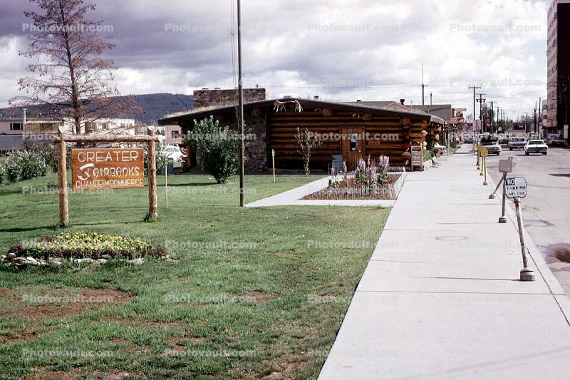 Greater Fairbanks Chamber of Commerce, Log Cabin, sidewalk, sign, signage