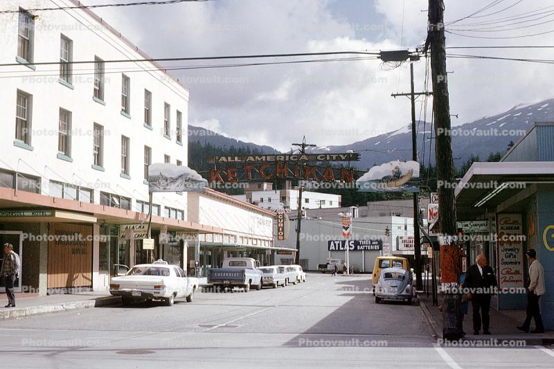 Atlas Tires and Batteries, Ingersoll Hotel, Cars, vehicles, automobiles,  Downtown Ketchikan, 1960s