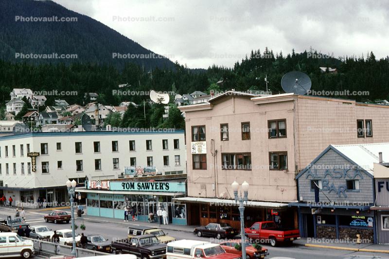Tom Sawyer's, Alaska Bar, Ketchikan, Cars, vehicles, automobiles, May 1991