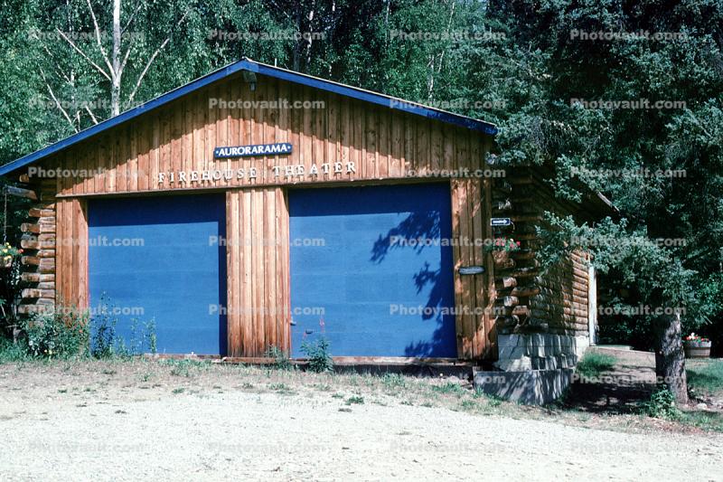 Aurorarama, Firehouse Theater, building, landmark, garage doors, Log Cabin
