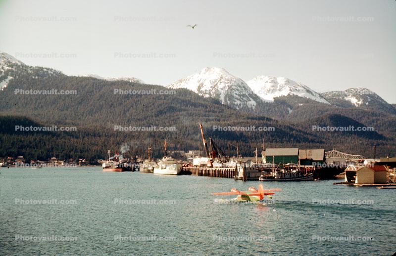 Mountains, Harbor, buildings, dock, village, forest, Juneau