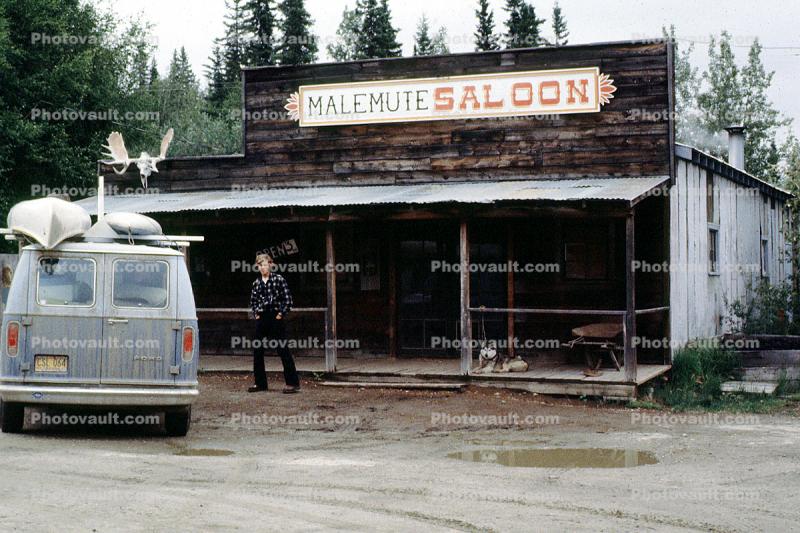 Malemute Saloon, Ester Gold Camp, van, Parks Highway, canoe, moose antlers, July 1979, 1970s