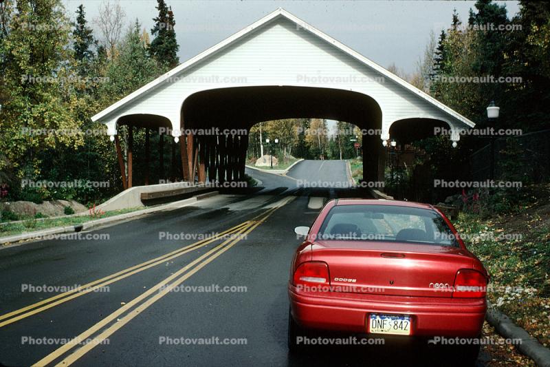 Wooden Trestle Bridge, Goldenview Park, Dodge Neon, red car, Anchorage Alaska