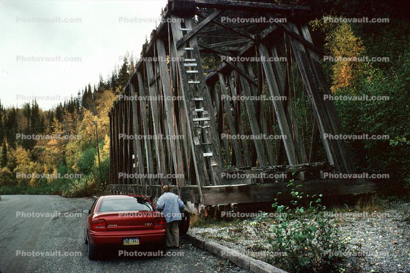 Wooden Trestle Bridge, Chickaloon Railroad, Matanuska-Susitna Borough, red car, Dodge Neon, Alaska
