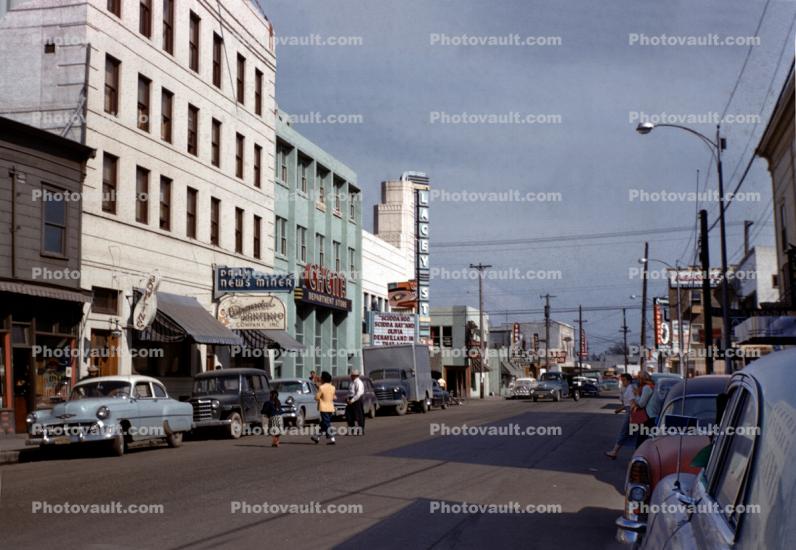 Chene, Lacey Street, jaywalkers, Cars, Shops, buildings, Fairbanks, 1950s