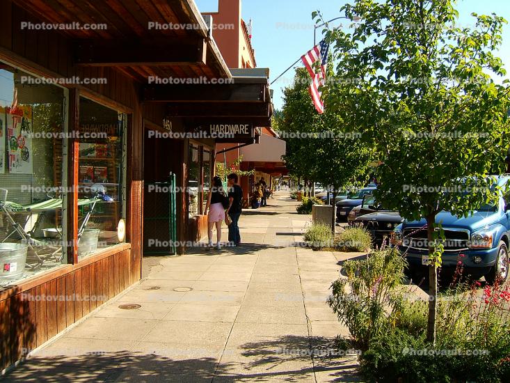 shops, stores, buildings, trees, flag, Downtown Calistoga