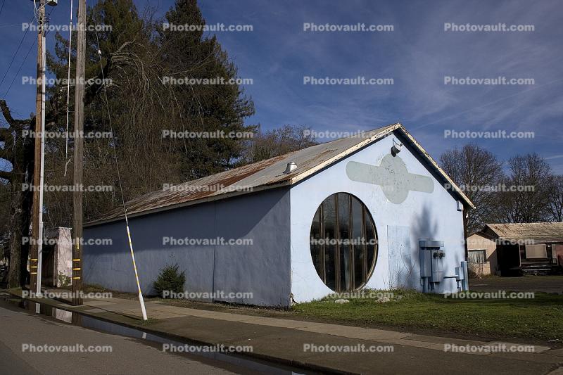 building, round window, Willits, Mendocino County
