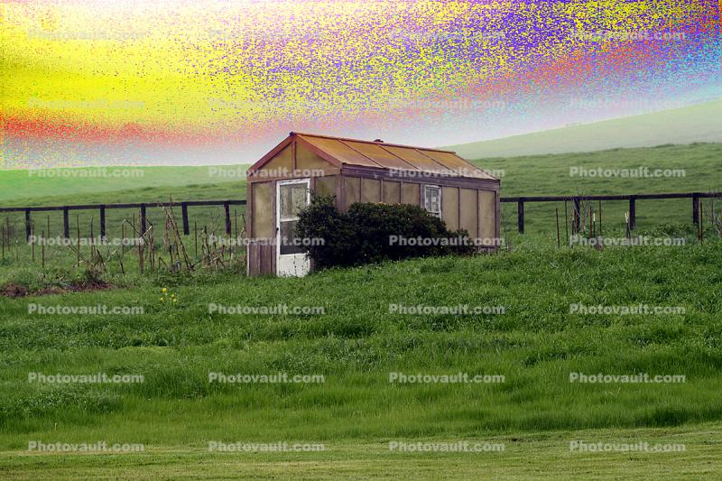 Shed, Psychedelic Day, Fence, Two-Rock, Sonoma County, psyscape, surreal
