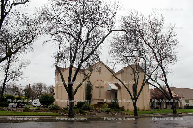 Church Building, bare trees, United Methodist, United Presbyterian, the Federated Church, Patterson, Stanislaus County