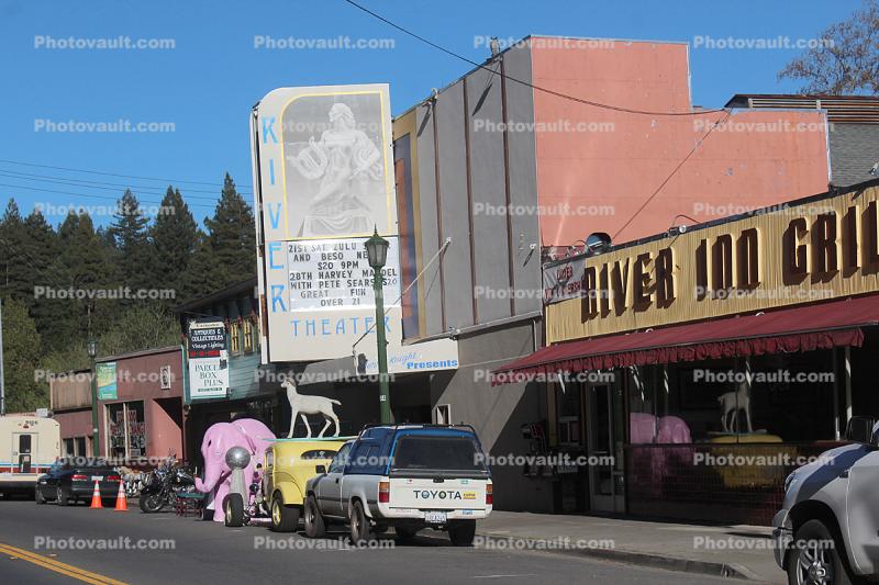 River Theater, pink elephant, marquee, roadster, motorcycle, car