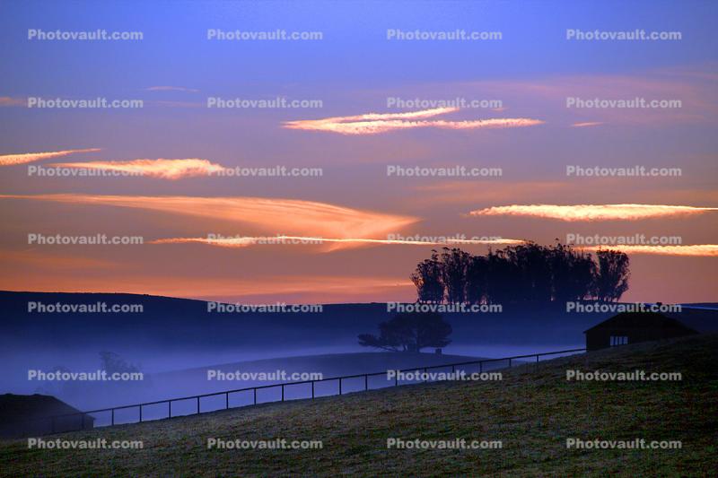 Early Morning Sunrise, sunsight, clouds, fog, Hills