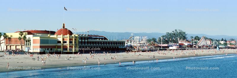 the Santa Cruz Amusement Park, beach, sand, ocean, water, boardwalk, Roller Coaster, Panorama, April 1984, 1980s