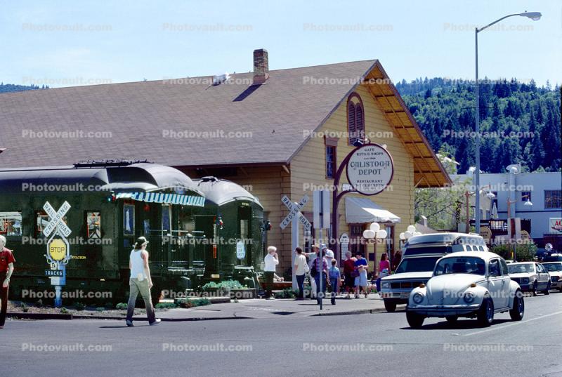 Calistoga Depot, Napa Valley, buildings, cars, shops, stores, downtown, Train Station