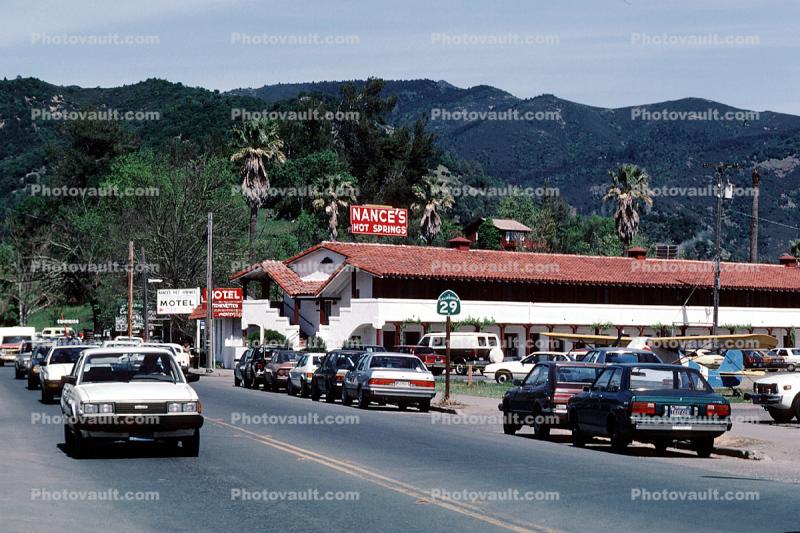 Calistoga, Highway-29, Hance's, Napa Valley, buildings, cars, shops, stores, automobile, vehicles, downtown Calistoga, 12 April 1987