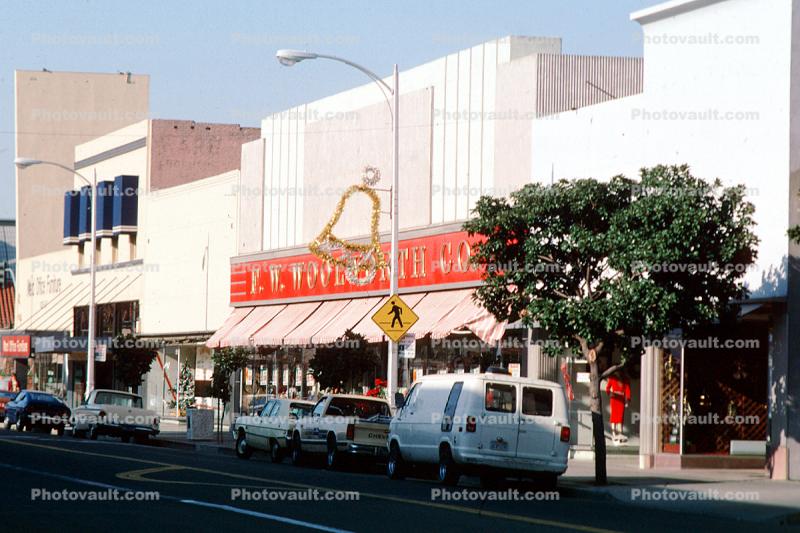 FW Woolworth, Modesto, building, cars, store, vehicles, automobiles, December 1988, 1980s