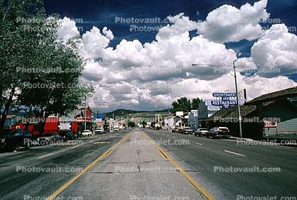 Clouds, cumulus, main street, buildings, shops, Highway 395, cars, Bridgeport