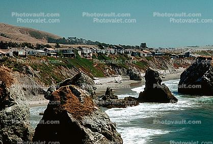 Rocky Coastline, Shoreline, Homes, Houses, Beach, Ocean, Bodega Bay, Sonoma County, Coast, Pacific Ocean