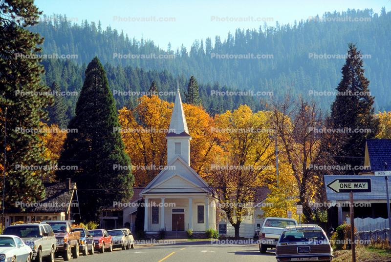 steeple, cars, street, autumn, Cottagecore, Equanimity, Quincy in Plumas County