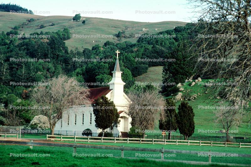 Nicasio chapel, building, hills, Marin County