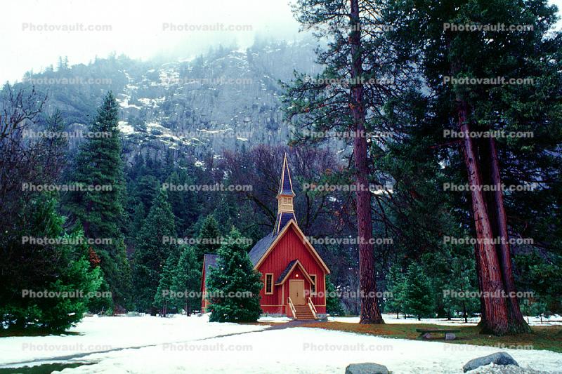 Yosemite Valley Chapel, steeple, trees, forest