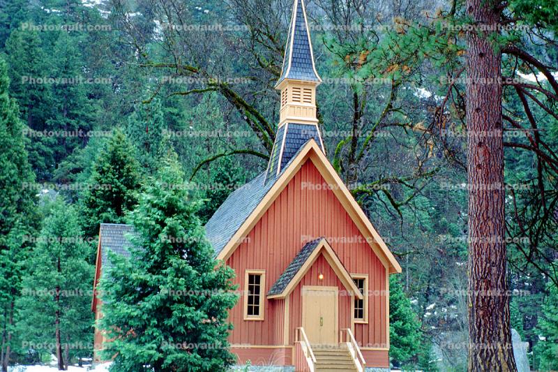 Yosemite Valley Chapel, church, steeple, trees, forest