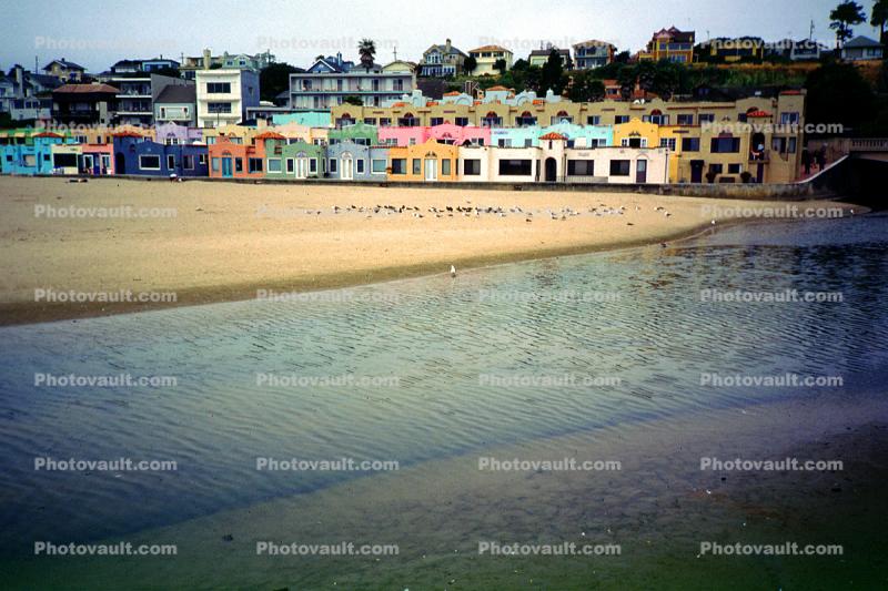 Beach, stream, colorful buildings, Capitola, Santa Cruz County