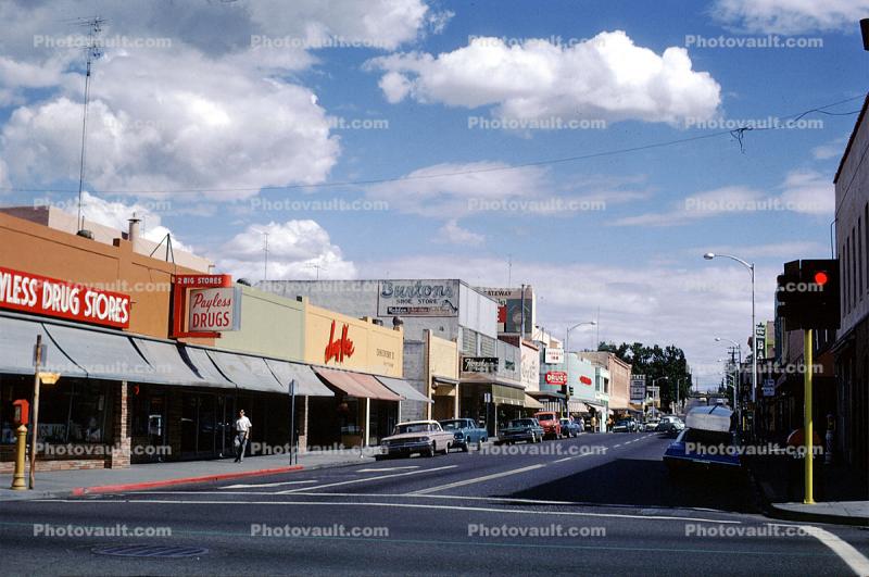 Payless Drugs, clouds, cars, automobiles, vehicles, street, road, 1950s