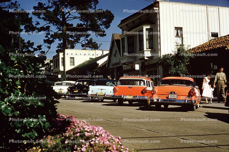 Cars, Downtown Carmel, Trees, Buildings, Ivy, 1950s