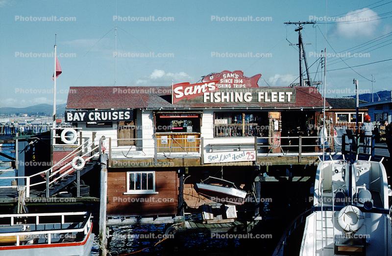 Sam's Fishing Fleet, Bay Cruises, docks, boats, pier, building, 1950s
