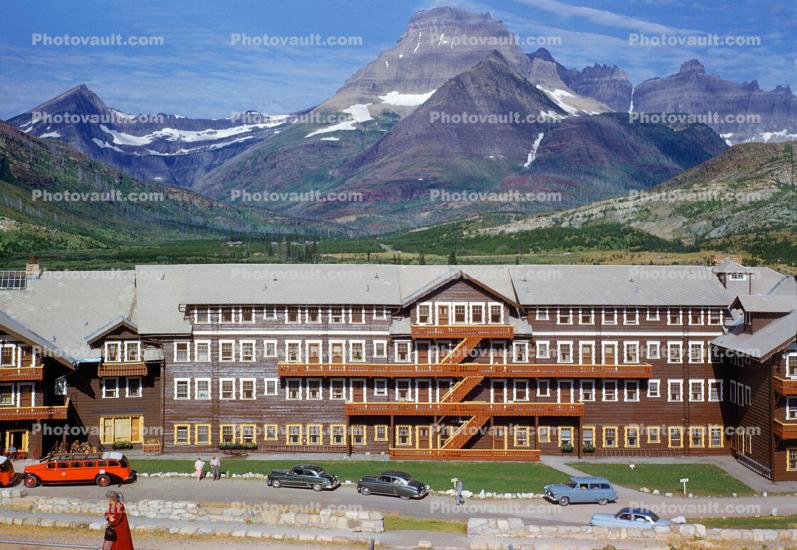 Many Glacier Hotel, Glacier National Park, Cars, Red Jammers, 1950s