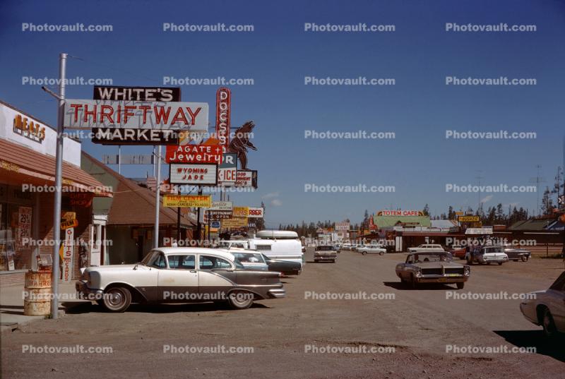 Whites Thriftway Market, Downtown West Yellowstone, cars, 1960s, 1950s
