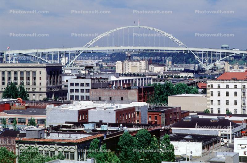 Downtown, Fremont Bridge, Interstate I-405, Willamette River, Multnomah County, Oregon,  Steel through arch bridge