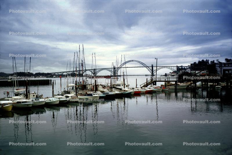 Newport Oregon Harbor, docks, boats, Yaquina Bay Bridge, 1950s