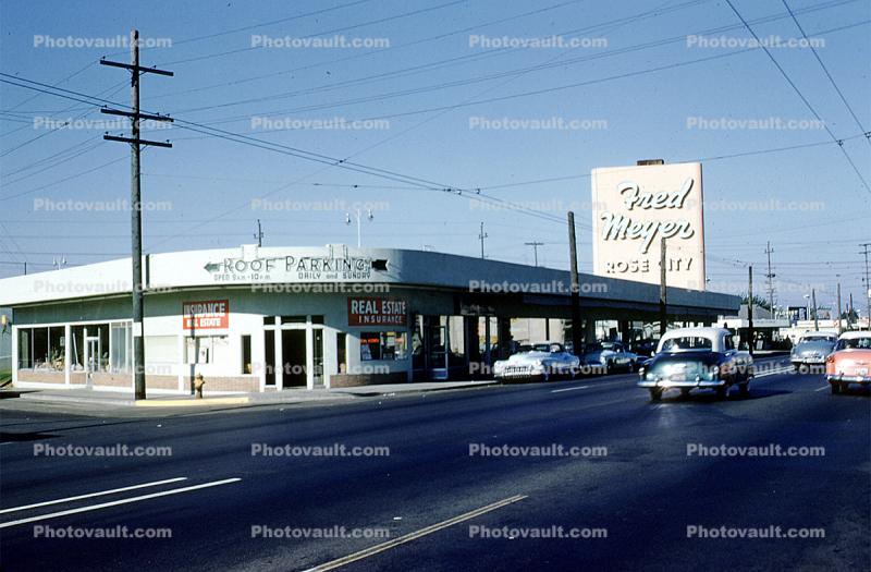 Fred Meyer, Cars, vehicles, automobiles, Rose City, 1950s