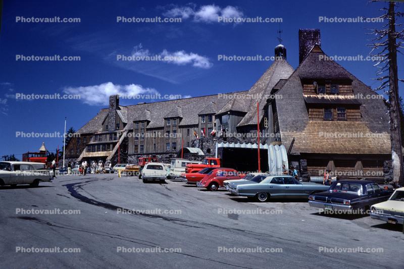 Timberline Lodge, Ski Area, Parked Cars, building, Summer, Mount Hood, 1960s