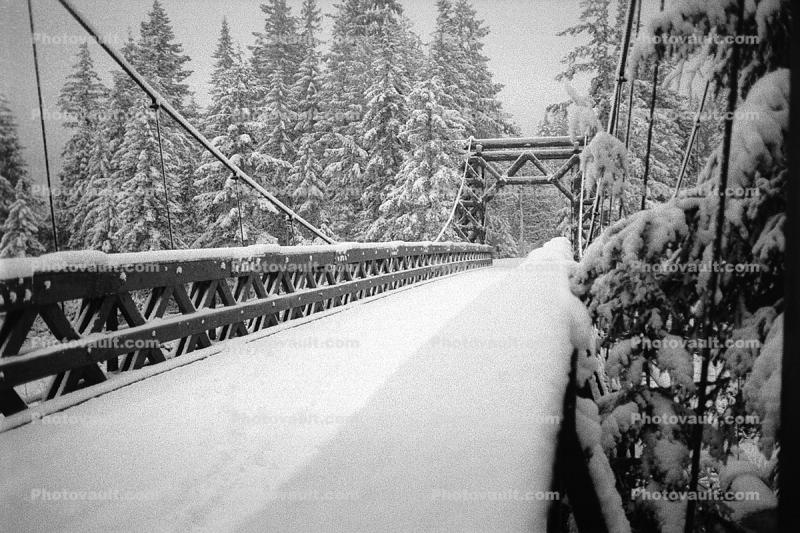 Old Wooden Bridge, Snow, Cold, Ice, Frozen, Icy, Winter, Bucolic, Rural, peaceful, Nisqually River wooden Suspension Bridge, Longmire village, Mount Rainier National Park, Equanimity