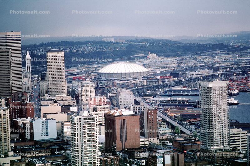 Seattle Kingdome, Downtown Seattle, skyscraper, buildings, November 1985