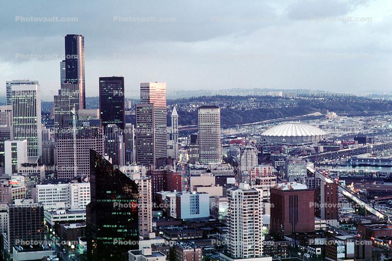 Seattle Kingdome, Downtown Seattle, skyscraper, buildings, November 1985