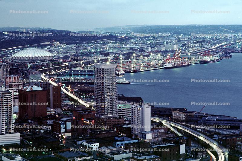 Cityscape, skyline, building, skyscraper, Downtown, Kingdome, evening, harbor, Downtown Seattle, buildings, November 1985