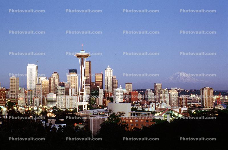 Cityscape, Skyline, Building, Skyscraper, Downtown, Space Needle, Seattle, Mount Rainier