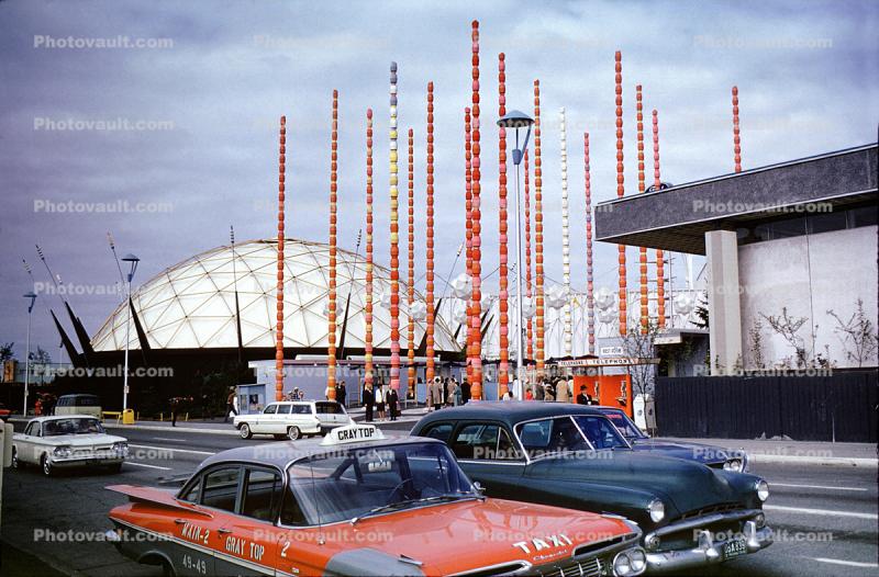 Geodesic Dome, Ford Building, Pavilion, South Gate, 1959 Chevy Impala, Seattle World's Fair, May 1962, 1960s
