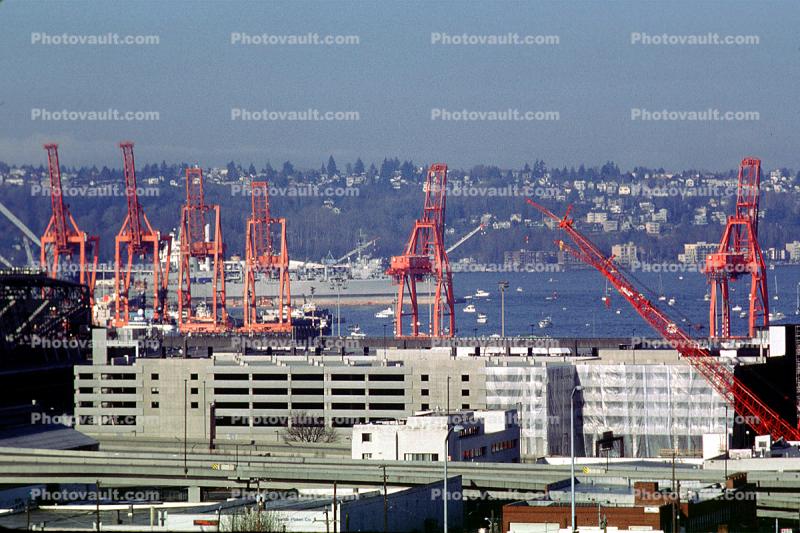 Harbor Cranes, buildings, freeway, Seattle