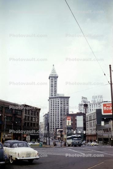Frye Hotel, Car, Greyhound Bus, Smith Tower, Seattle, 1950s