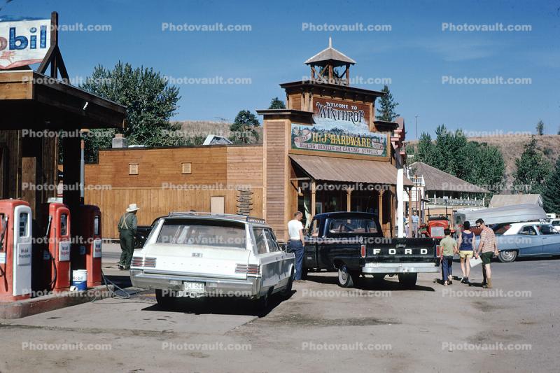 Mobile Gas Station, Cars, Buildings, Winthrop, August 1972